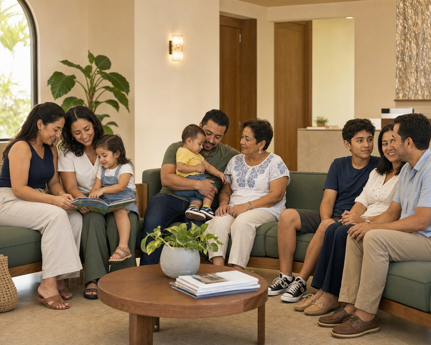 Familias diversas compartiendo una sala de espera médica
